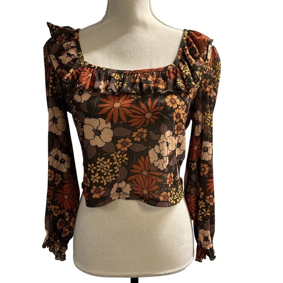 Tops - Miss Selfridge Top Brown Sheer Retro Floral Crop Size 8 Boho Hippie Festival